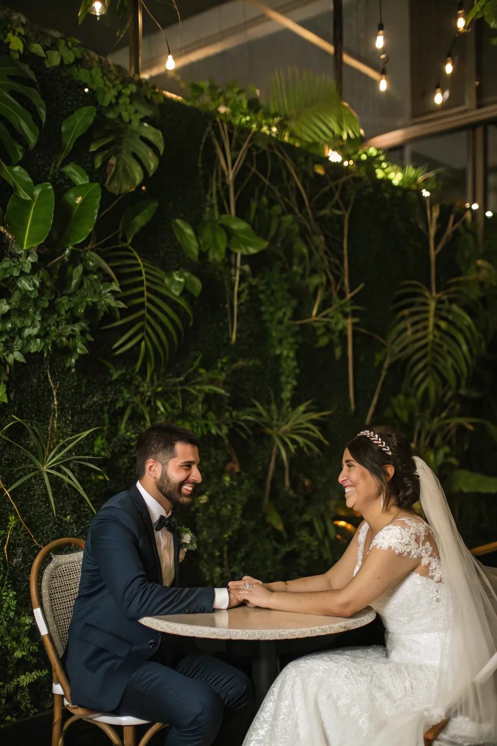 A bride and groom table set against a vibrant foliage backdrop.