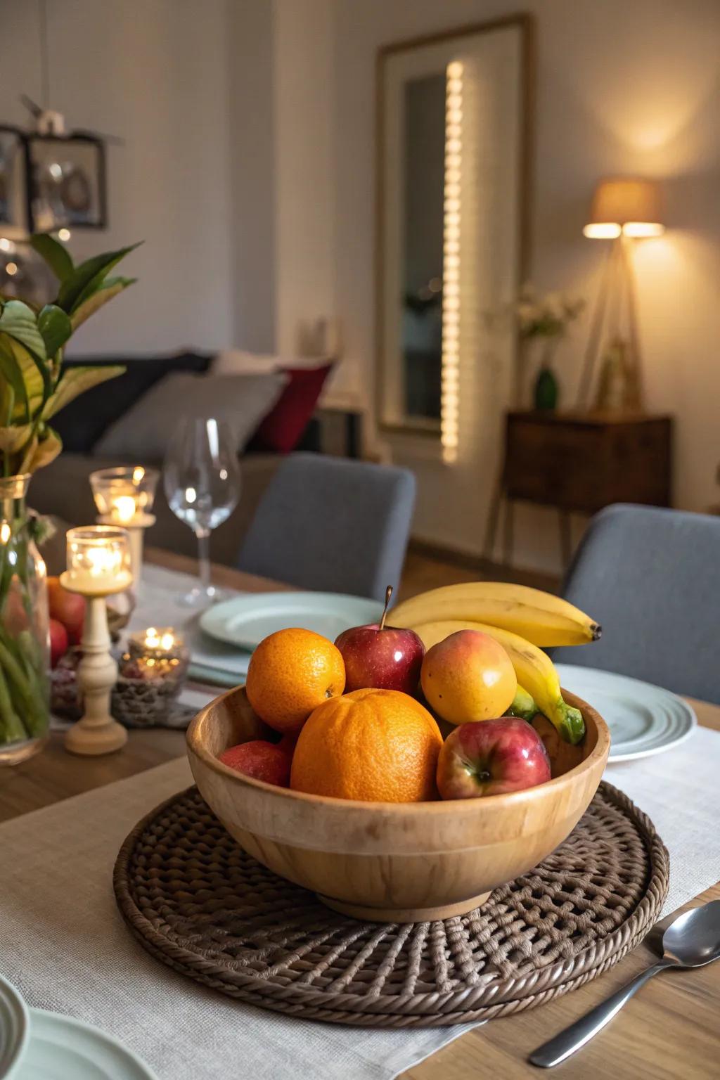 A berry container provides a functional focal point.