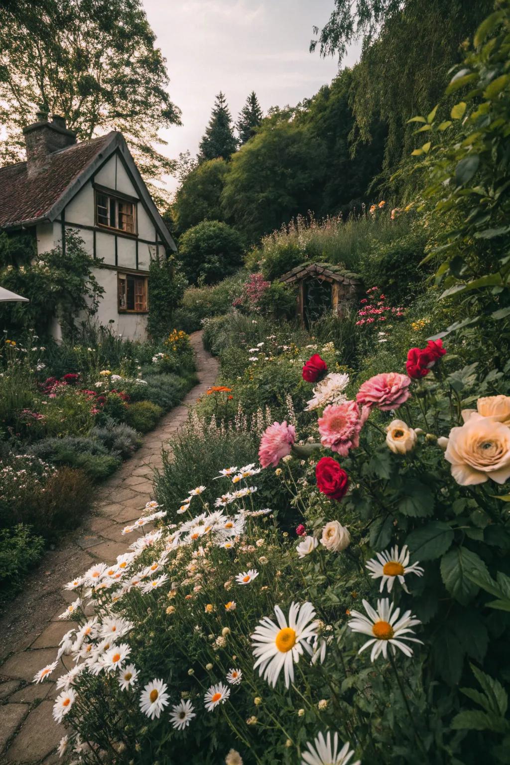 A comfortable quaint garden packed with diverse flowers.