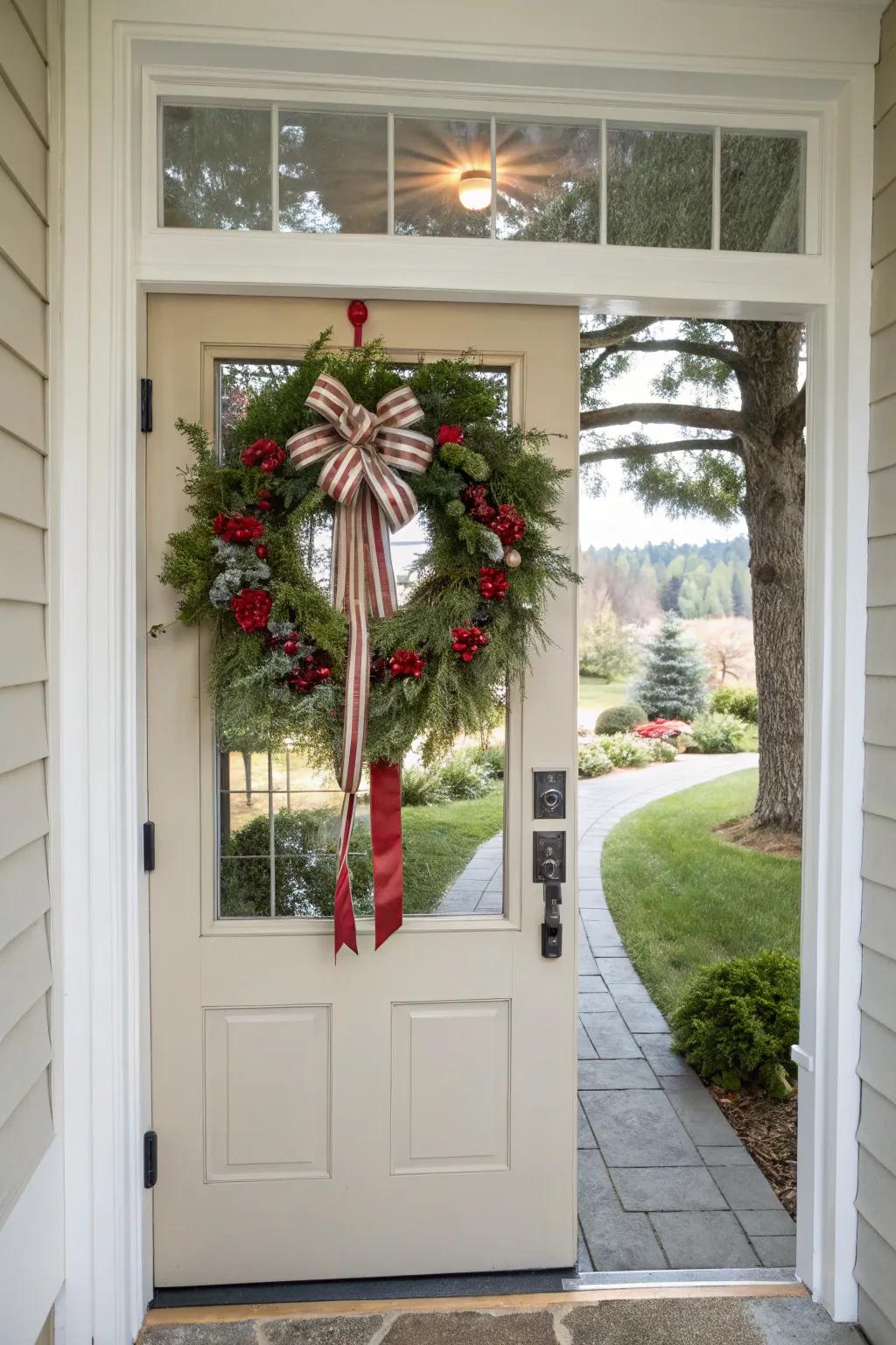 Striking ribbons and bows infuse a joyful palette to your entrance.