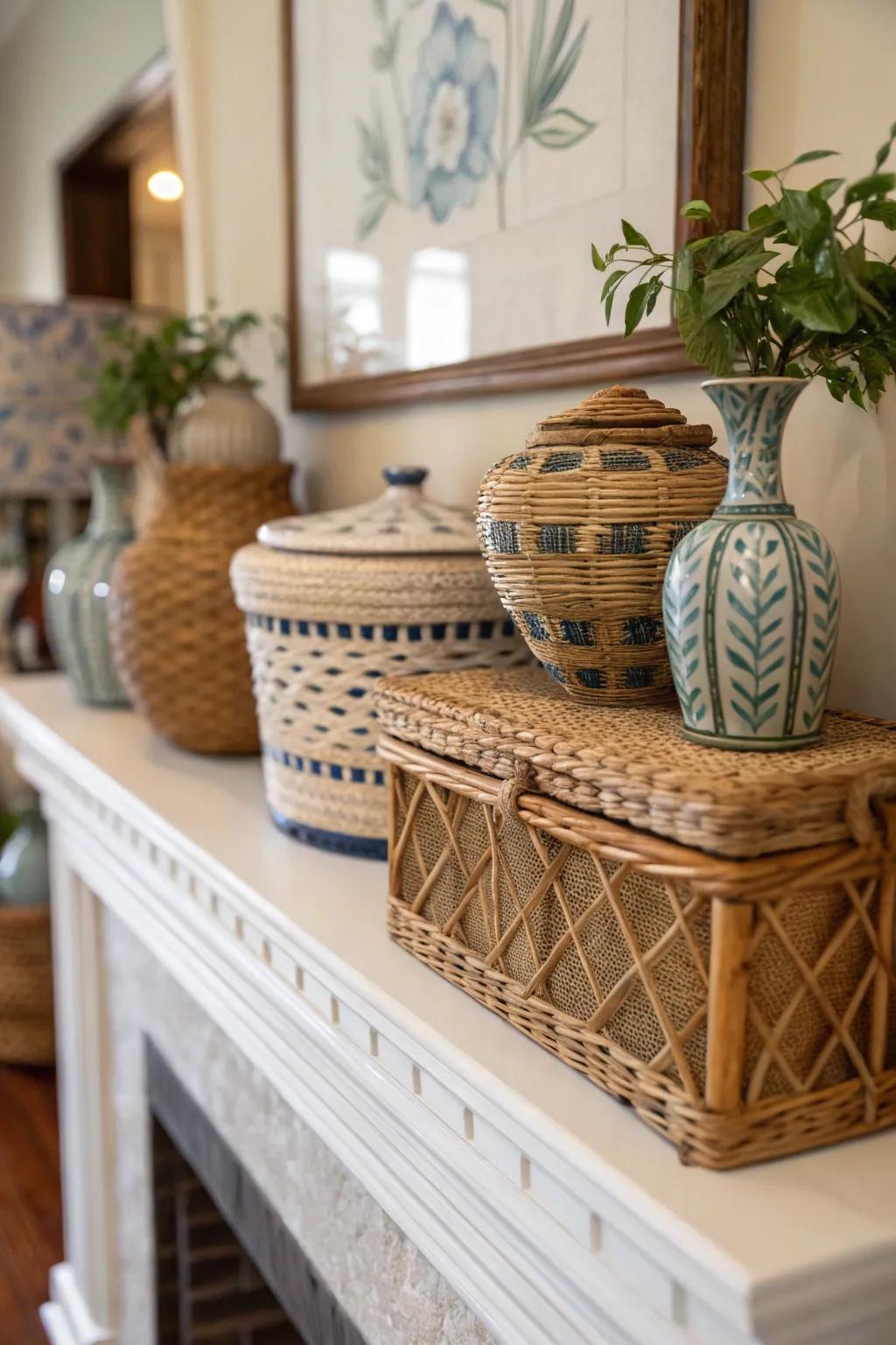 Diverse textures contribute a vibrant visual depth to this daily mantel.