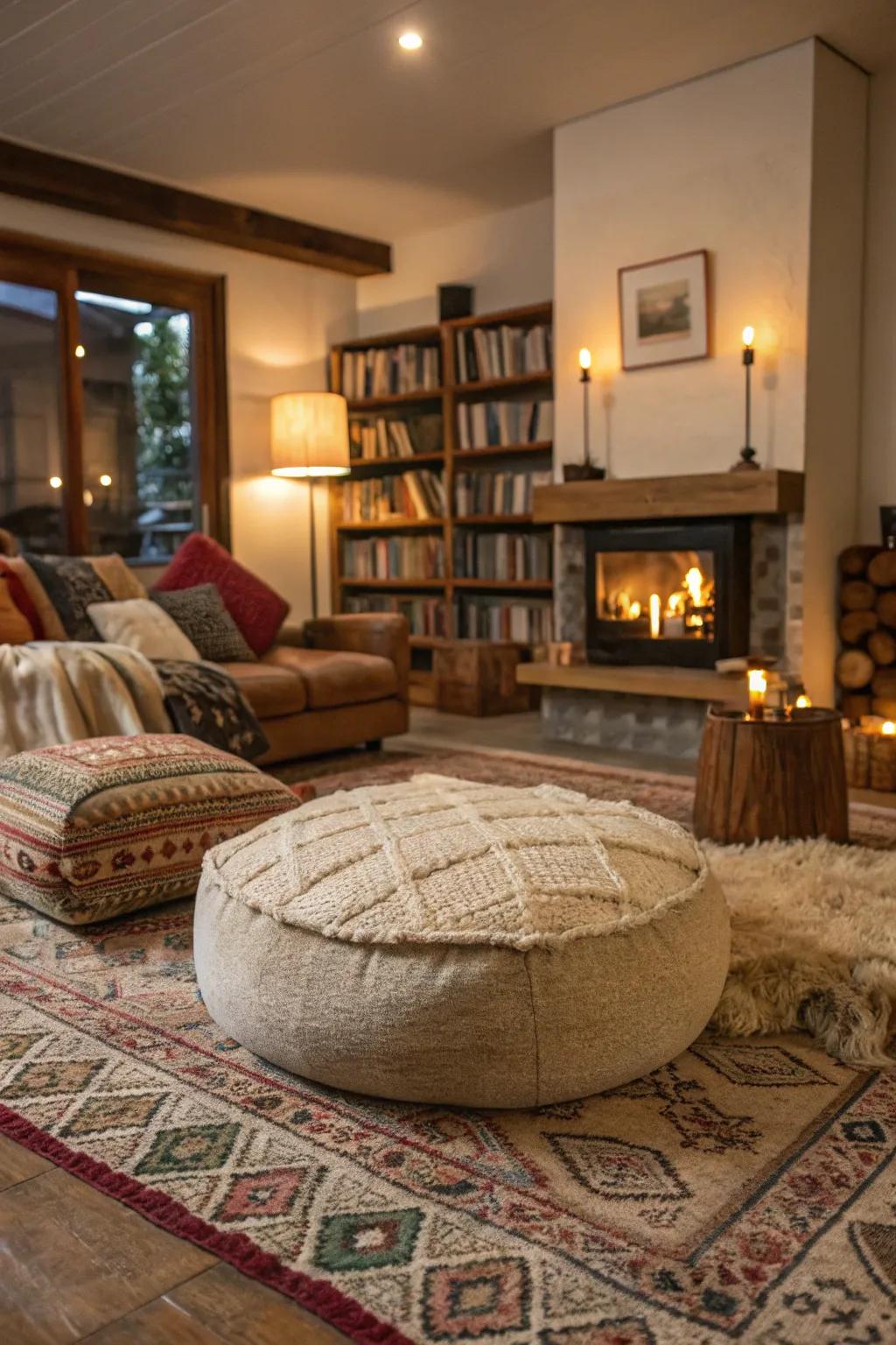 A living room enhanced with comfortable textures for added coziness.