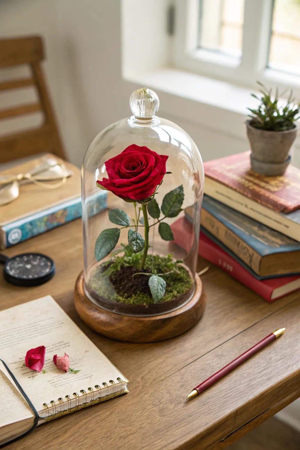 A terrarium offers a distinctive display for a solitary rose.