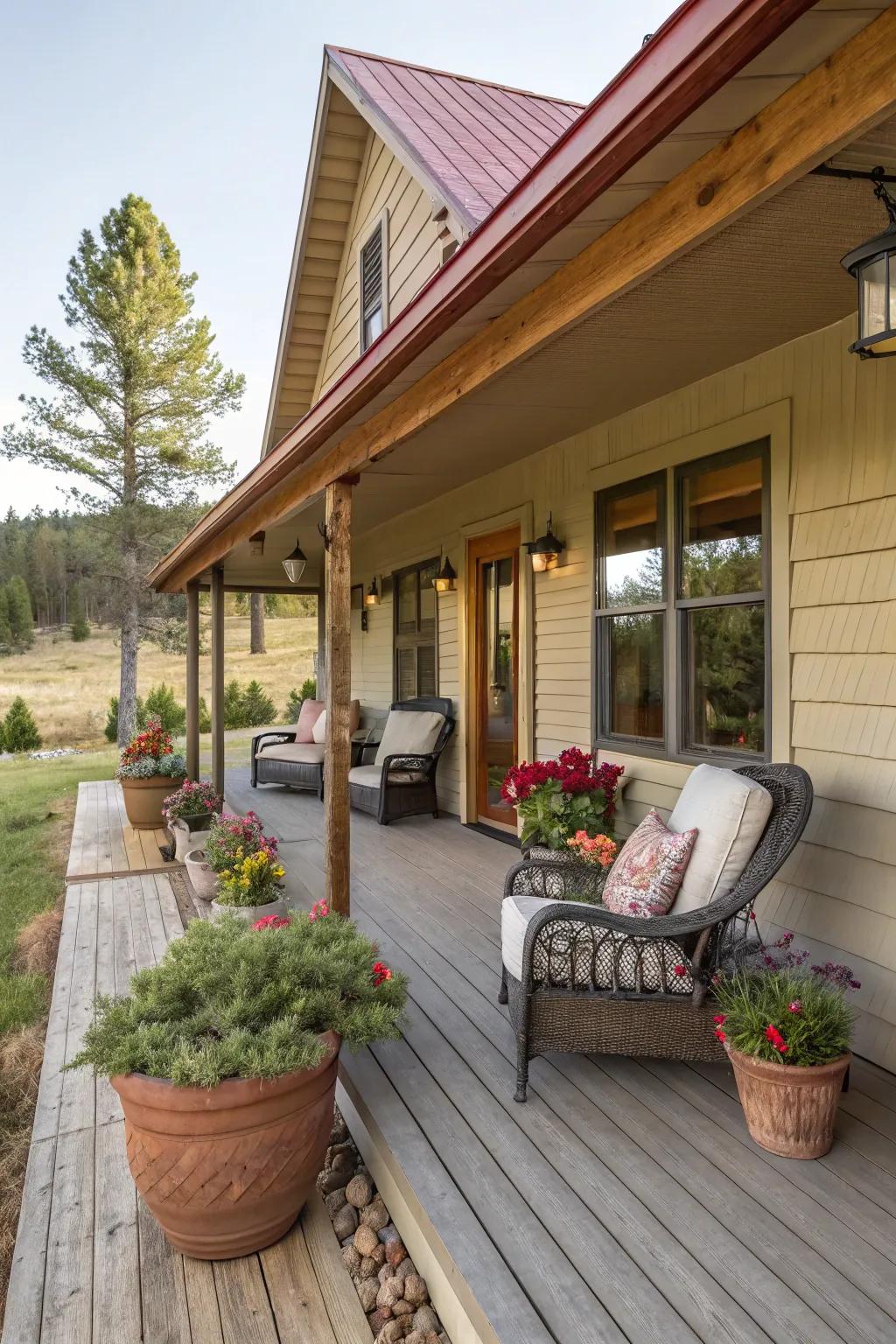 A full-width porch combining charm with practical use.