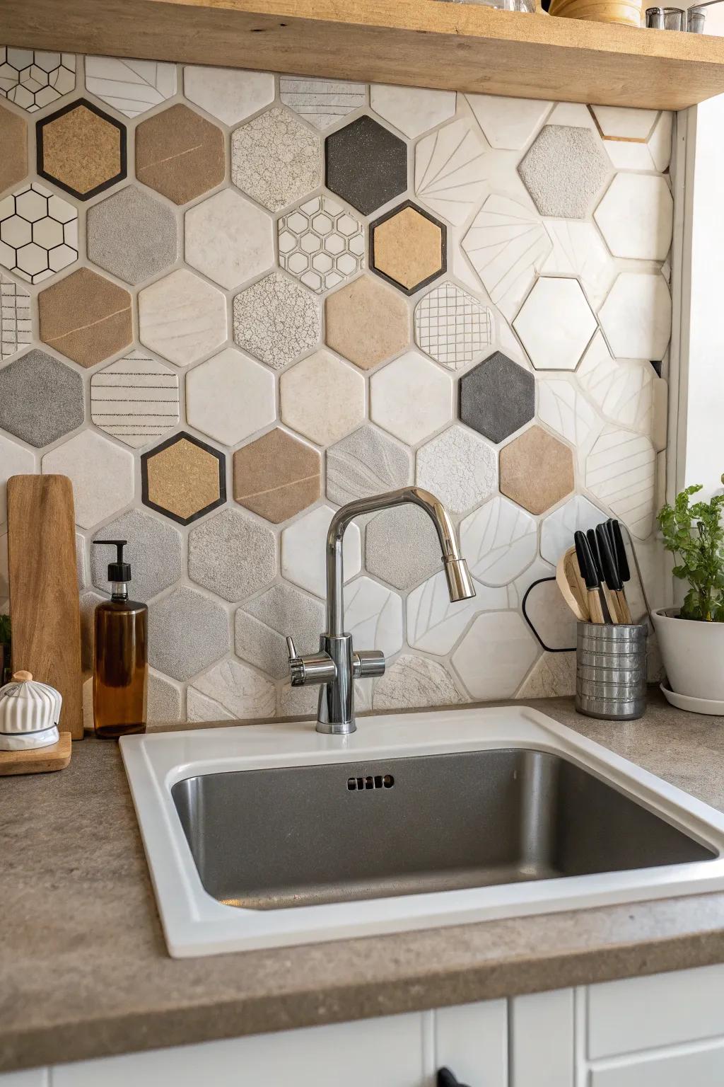 Symmetrical surfaces create a contemporary and playful backdrop in the cooking area.