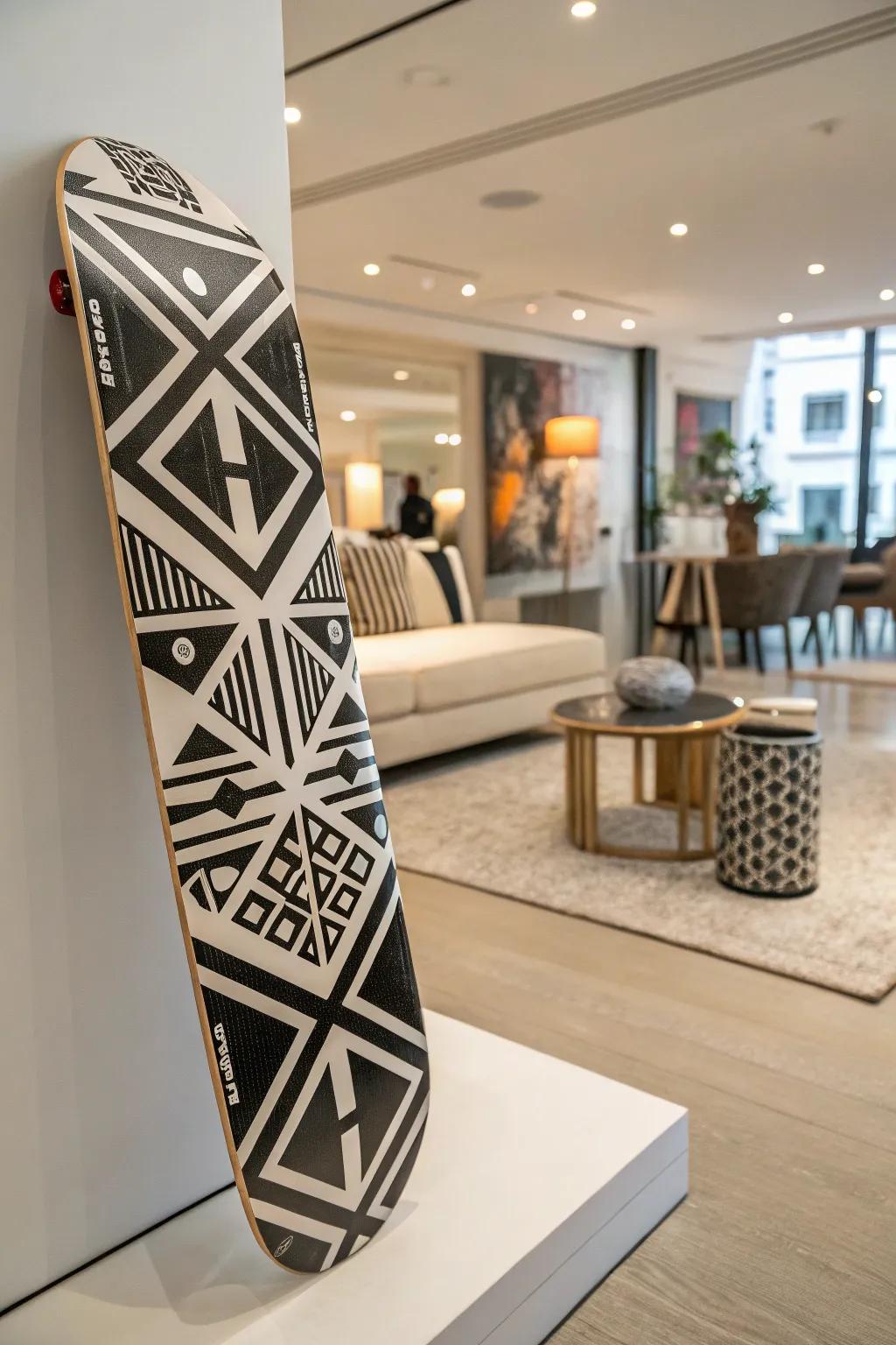 Get a timeless look with black and white skateboard art.