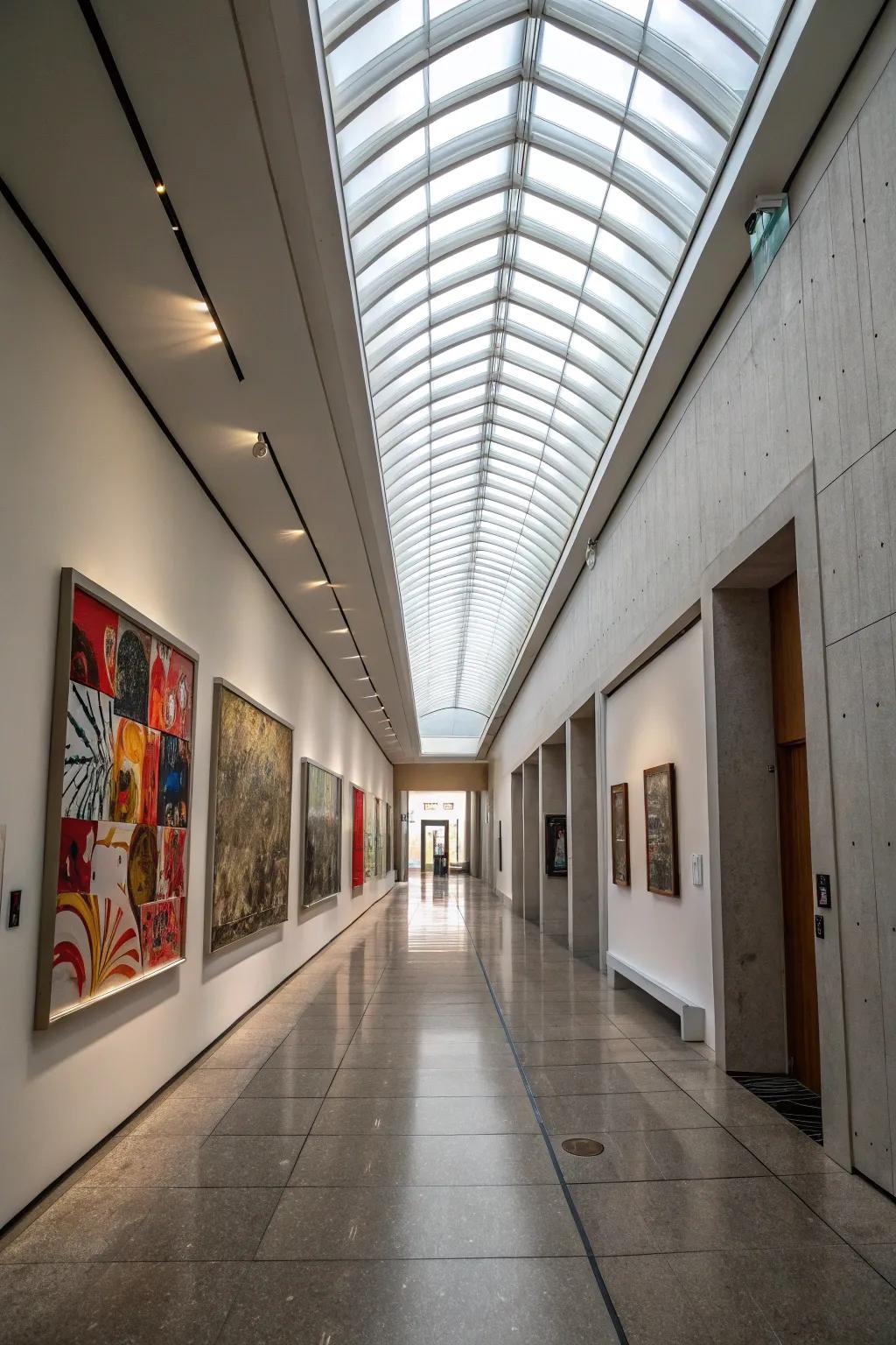 A bright hallway changed by a ceiling-long skylight.
