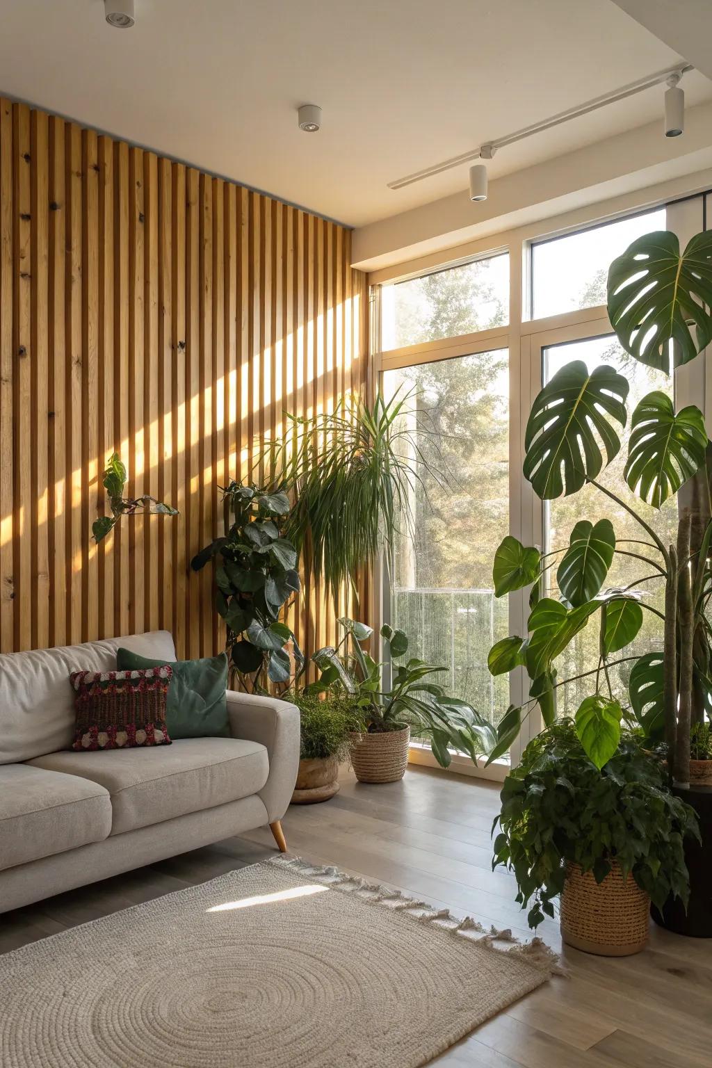 A lounge showcases natural-toned plank walls complemented by plants.