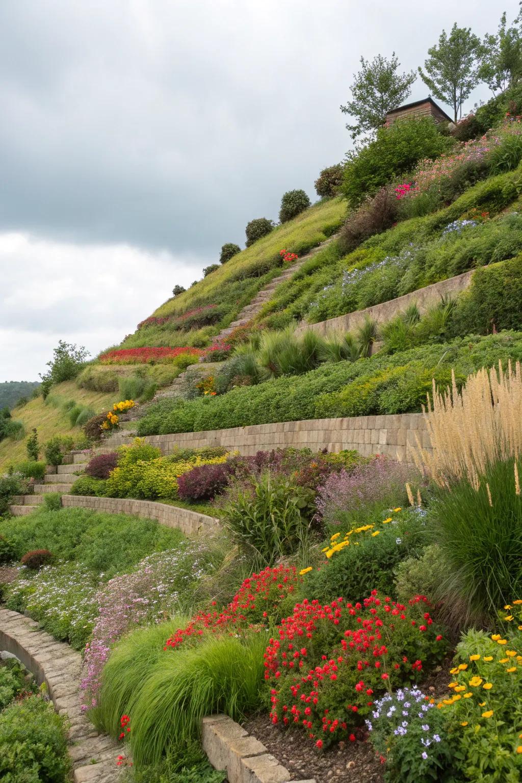 Terracing exquisitely divides this slope into utilitarian garden expanses.