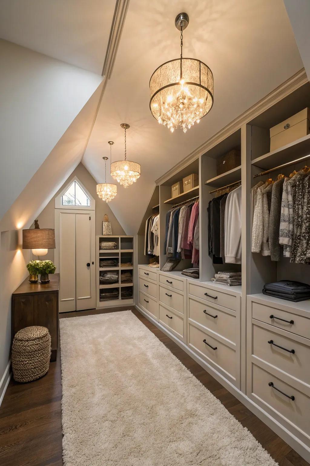 Elements like rugs and lighting can make your closet feel more inviting and stylish.