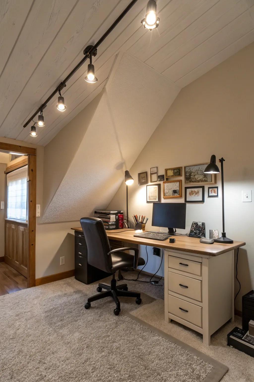 Adaptable track lighting adjusts to the angles of sloped ceilings.