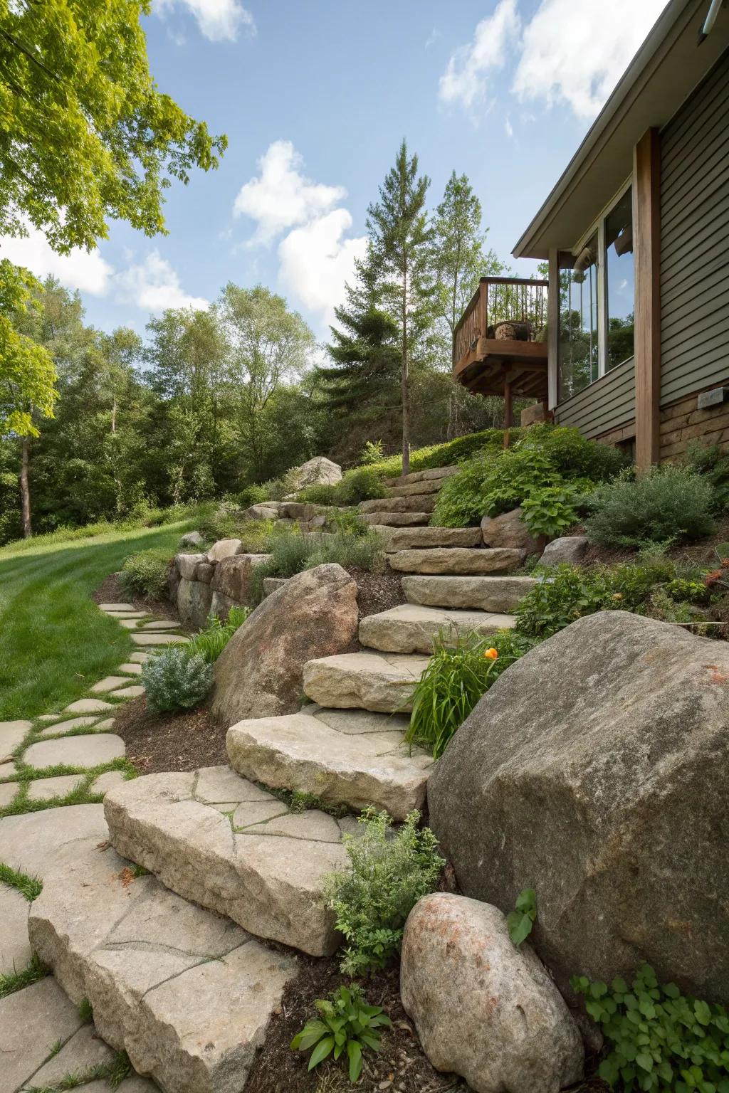 Native stone elements contribute rustic charm to a sloping yard.