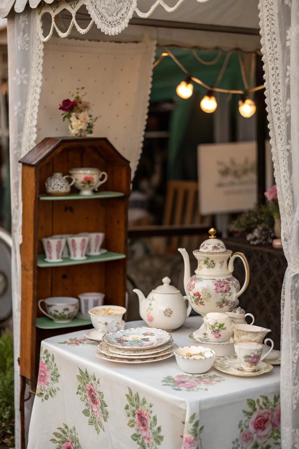 Thematic arrangement of a classic tea set and floral dishware
