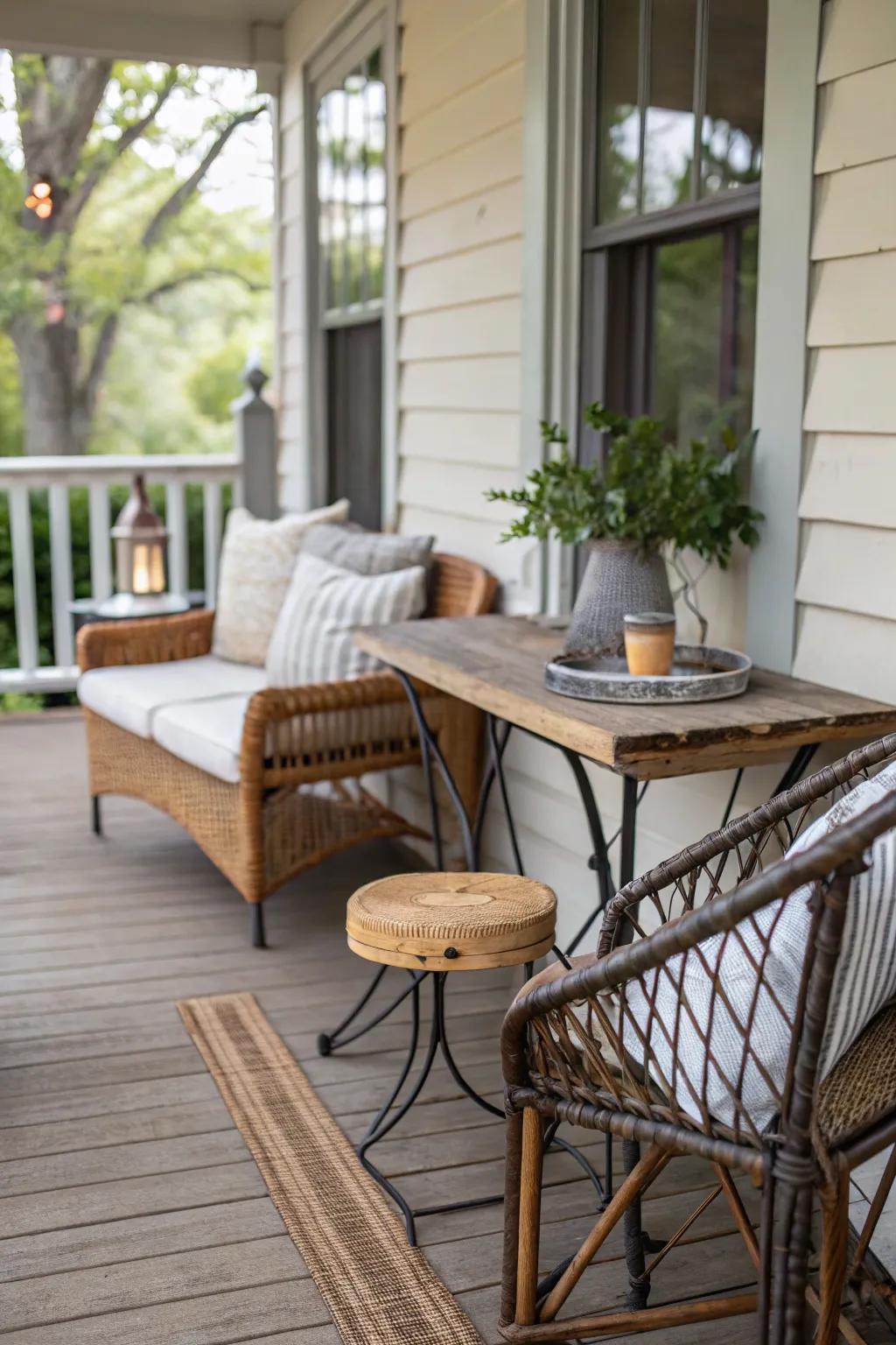 A mix of materials adds texture and depth to a small back porch.