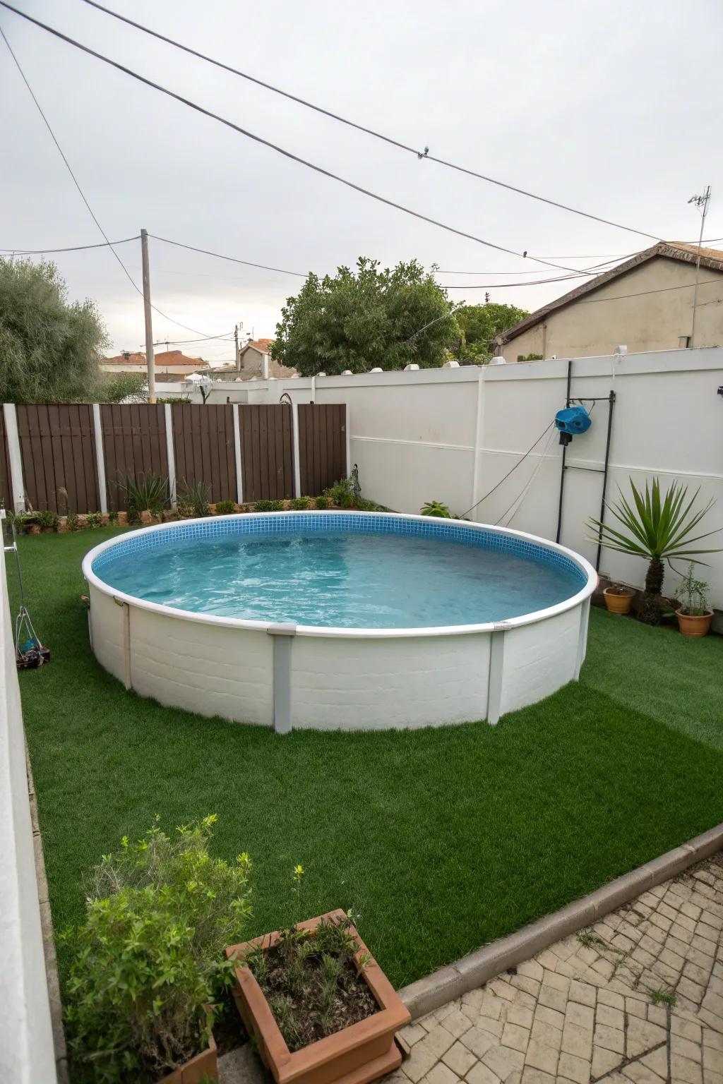 Artificial grass creating a lively and easy-to-maintain border around an above-ground pool.