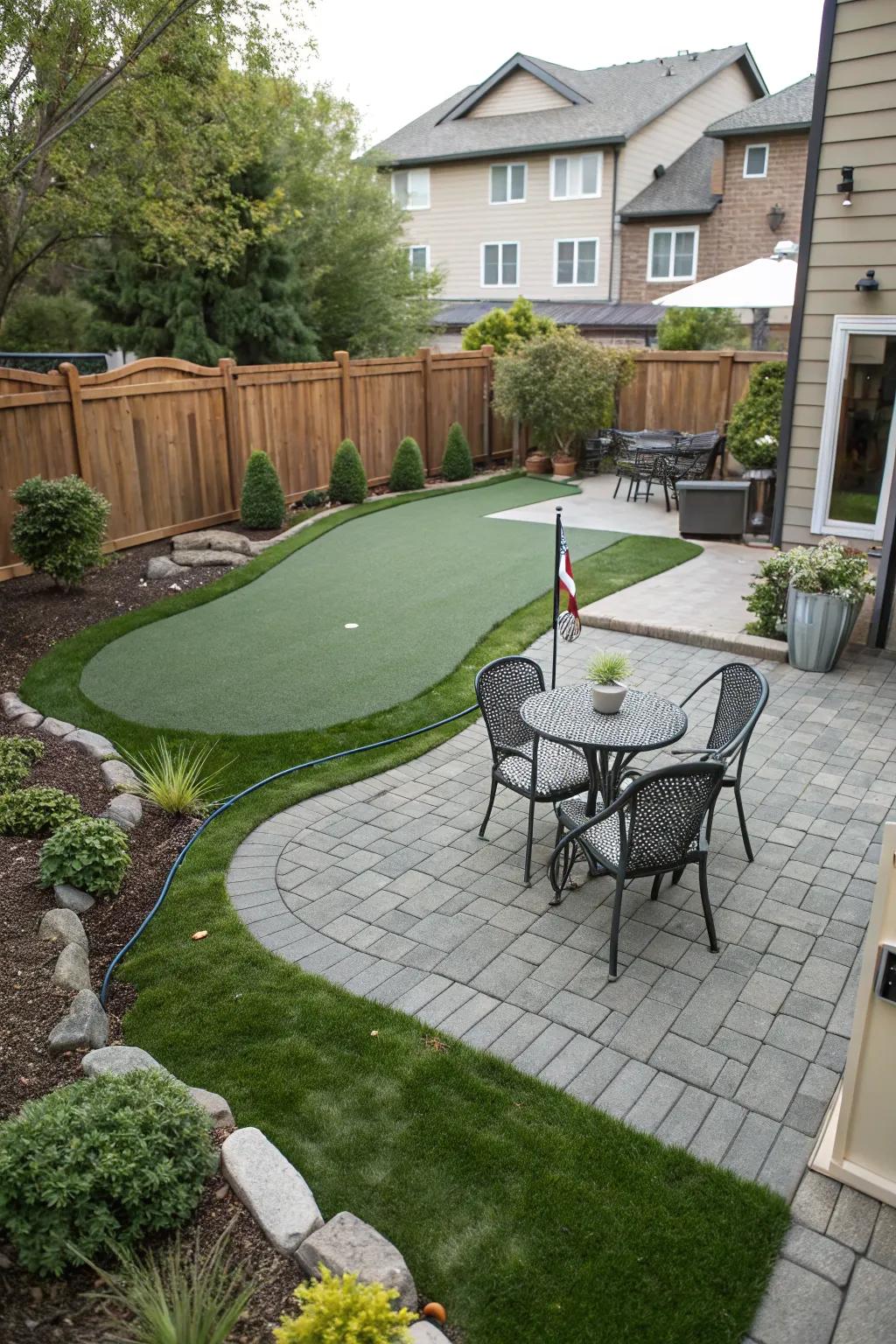 A putting green creatively integrated with a patio for a multi-faceted outdoor space.