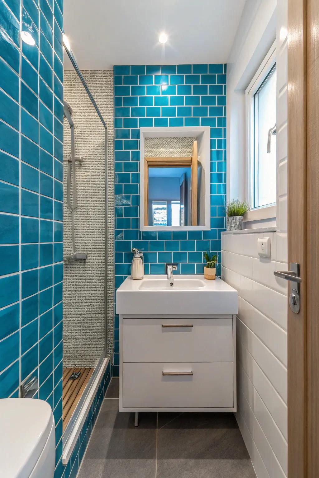 Vivid hues convert small bathrooms into energetic retreats.