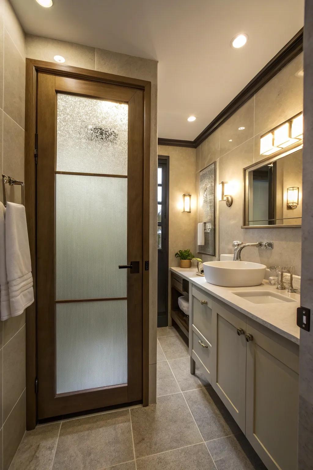 Frosted glass doors balance privacy with light diffusion.
