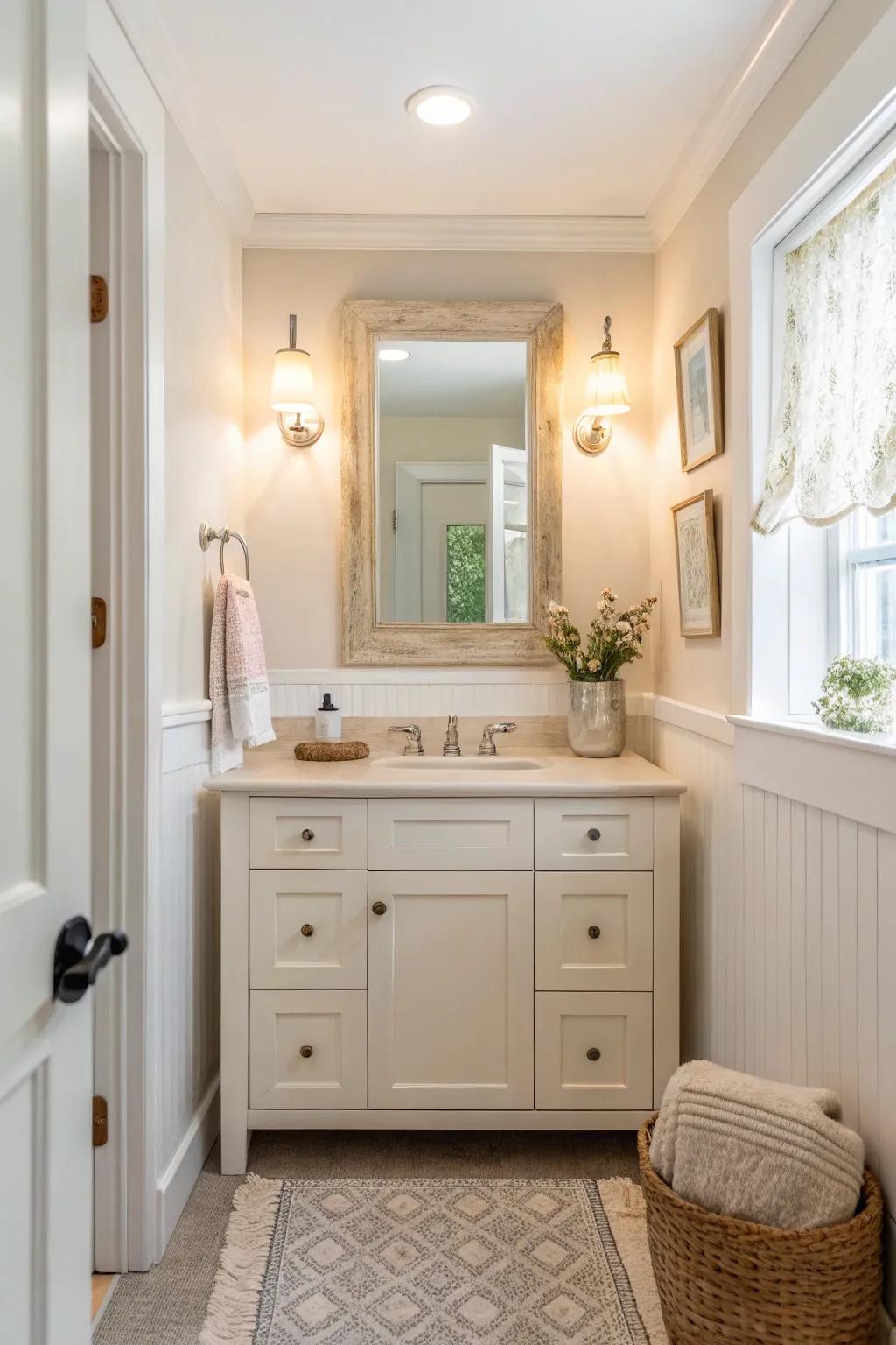 A bright-toned vanity that introduces brightness and a sense of area to a compact bathroom.