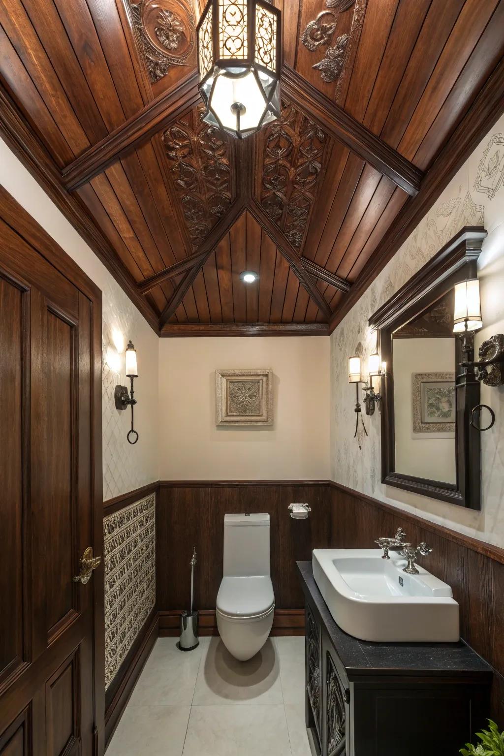 This washroom exudes drama and luxury thanks to a dark timber ceiling.