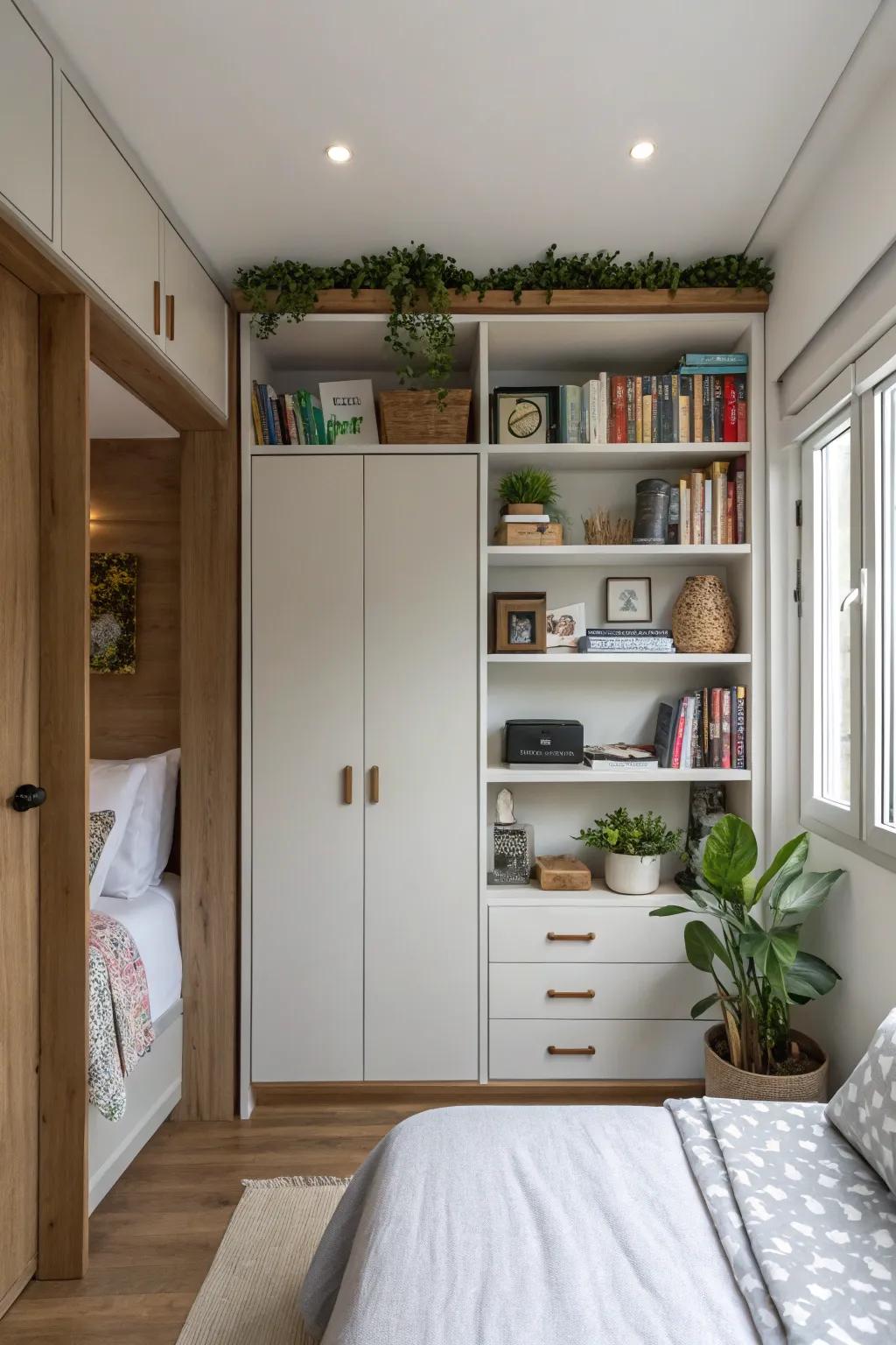 A compact bedroom utilizing high shelves and cabinets for effective storage.