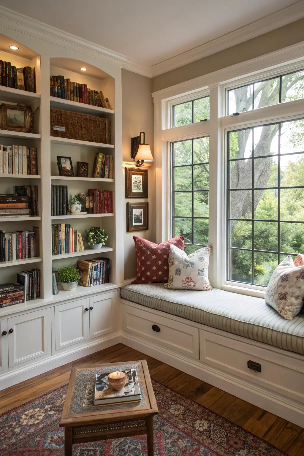 Uniting seating arrangements alongside storage solutions fosters a comfortable reading nook.