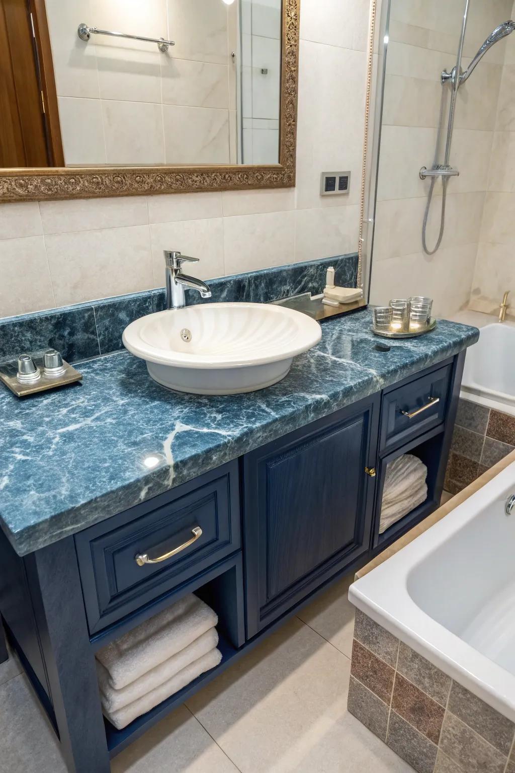Blue marble tops bring refinement and natural beauty to the bathroom.