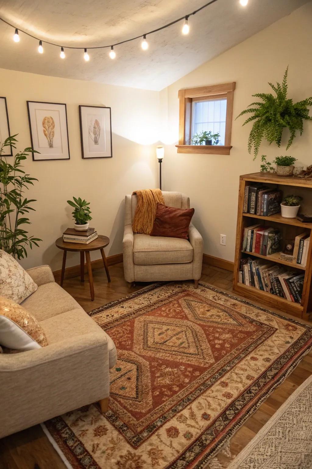 Rugs contribute warmth and delineate spaces within a den.