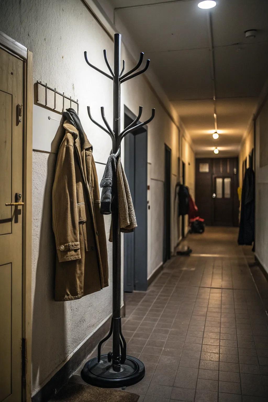 A space-saving coat tree is just right for narrow hallways.