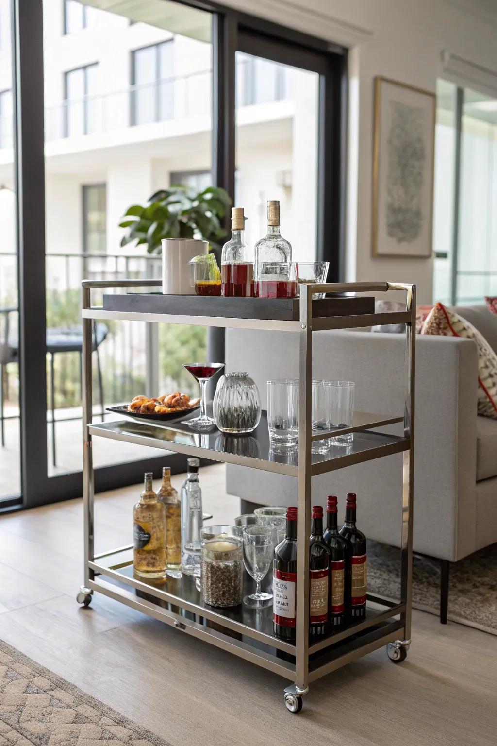 An elegant portable bar trolley designed for versatility.