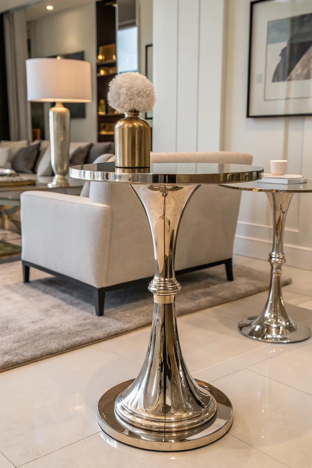 Metallic end table introduces a contemporary edge to any room.