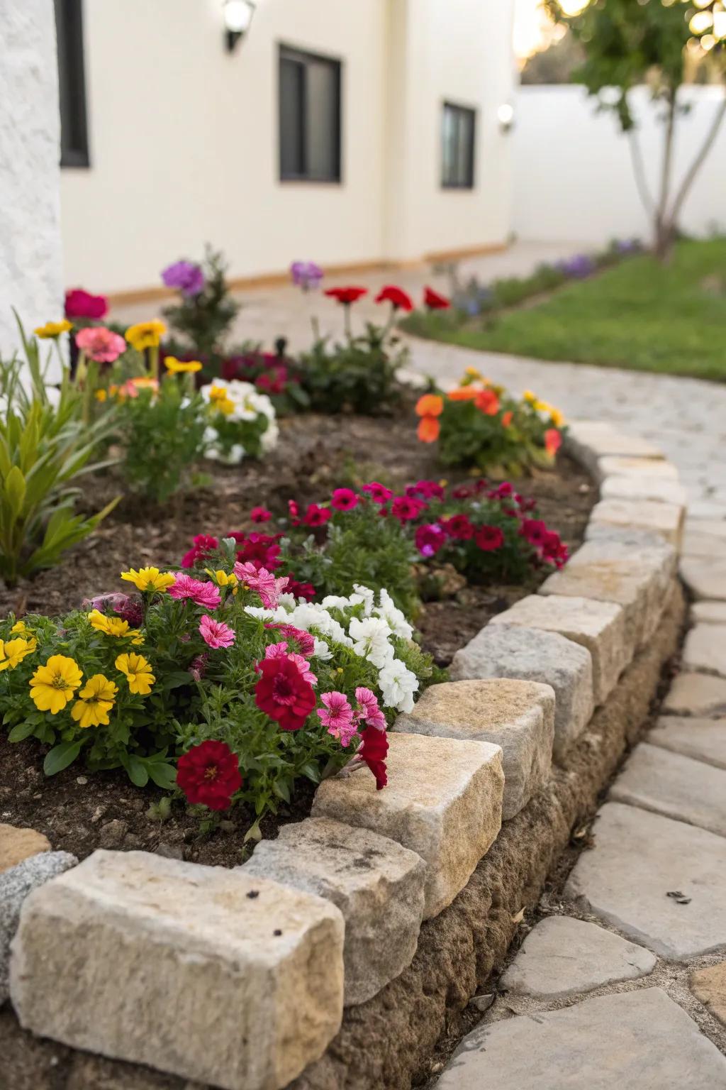 An orderly compact flower garden with well-defined stone borders and colorful flowers.