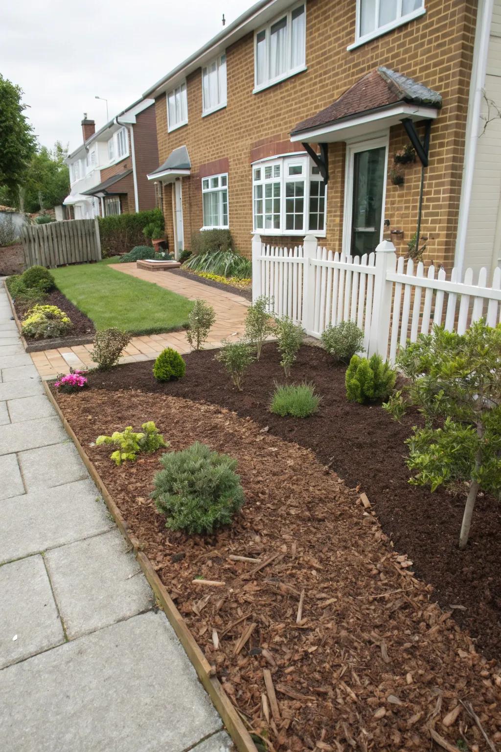 A neat front garden with mulch encasing plant beds for facile maintenance.