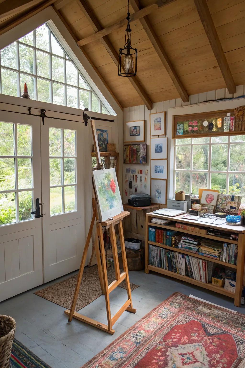 A small garage reimagined as an artist's studio.