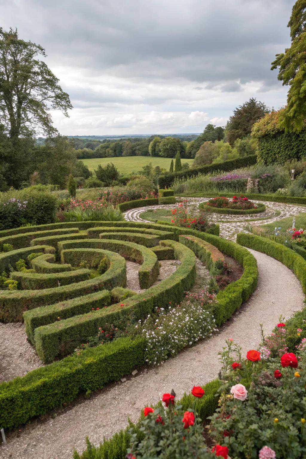 A vibrant maze design showcasing a mix of grass, stones, and shrubs.