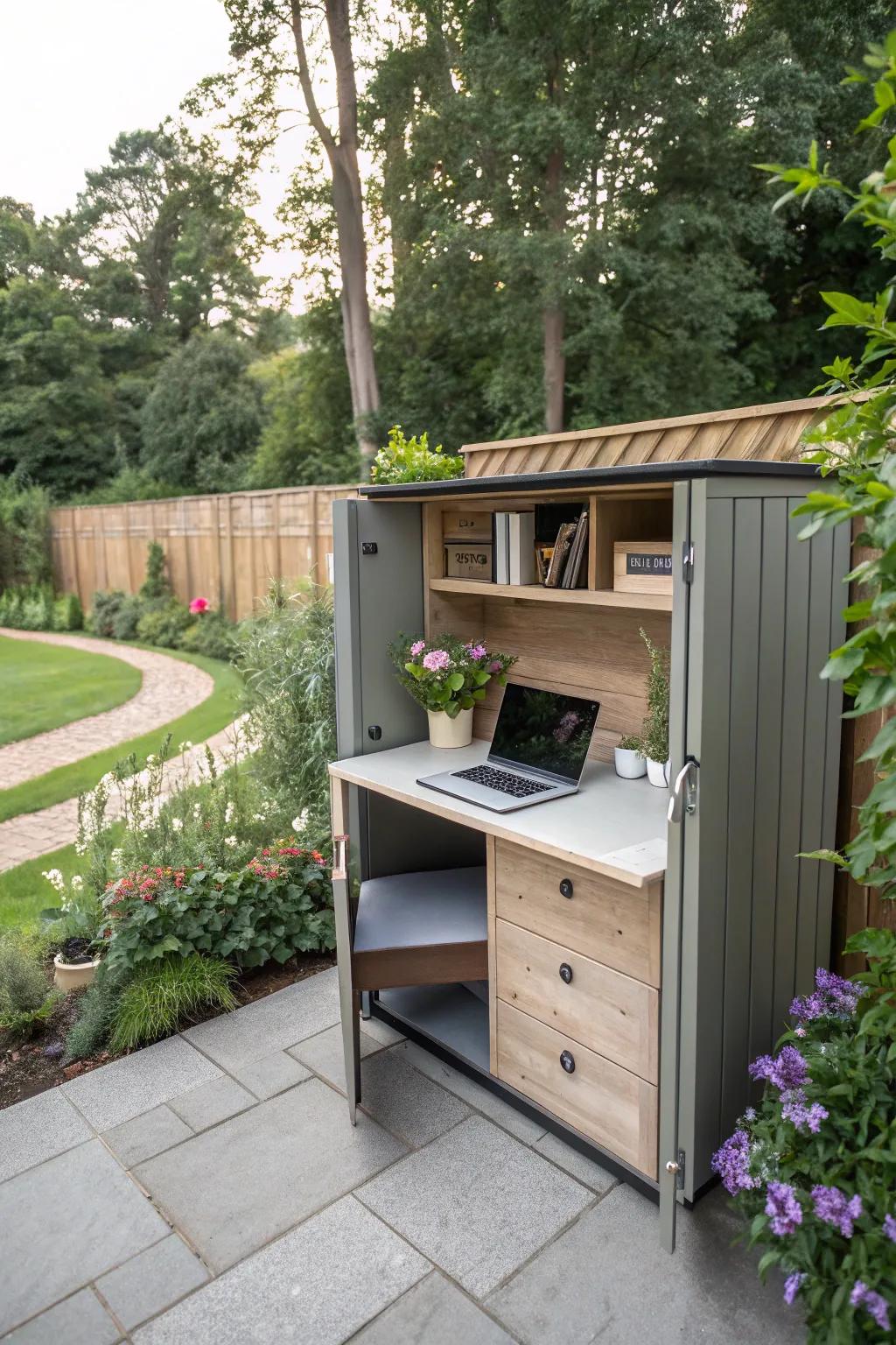A garden office showcasing ingenious multifunctional furniture.
