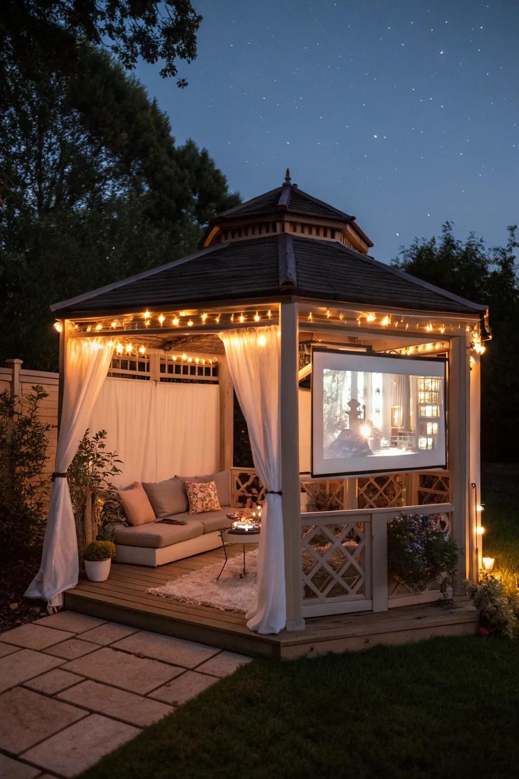 Enjoy movie magic outdoors with a gazebo cinema.