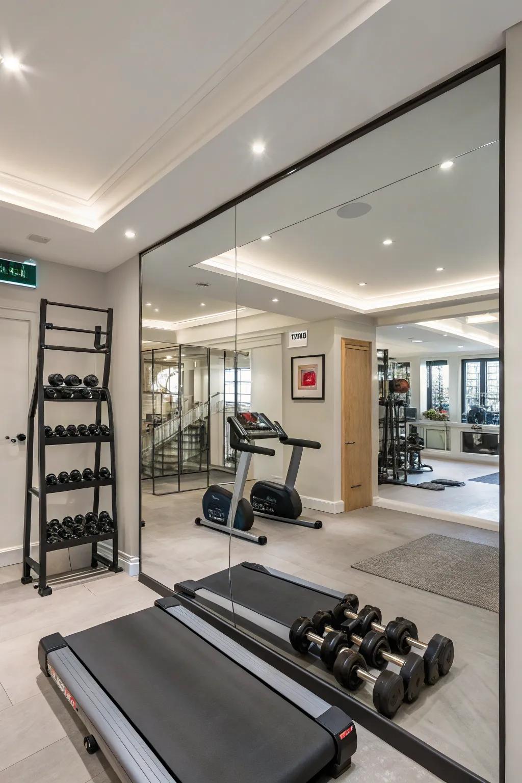 Mirrors improve both the look and usability of a small home gym.