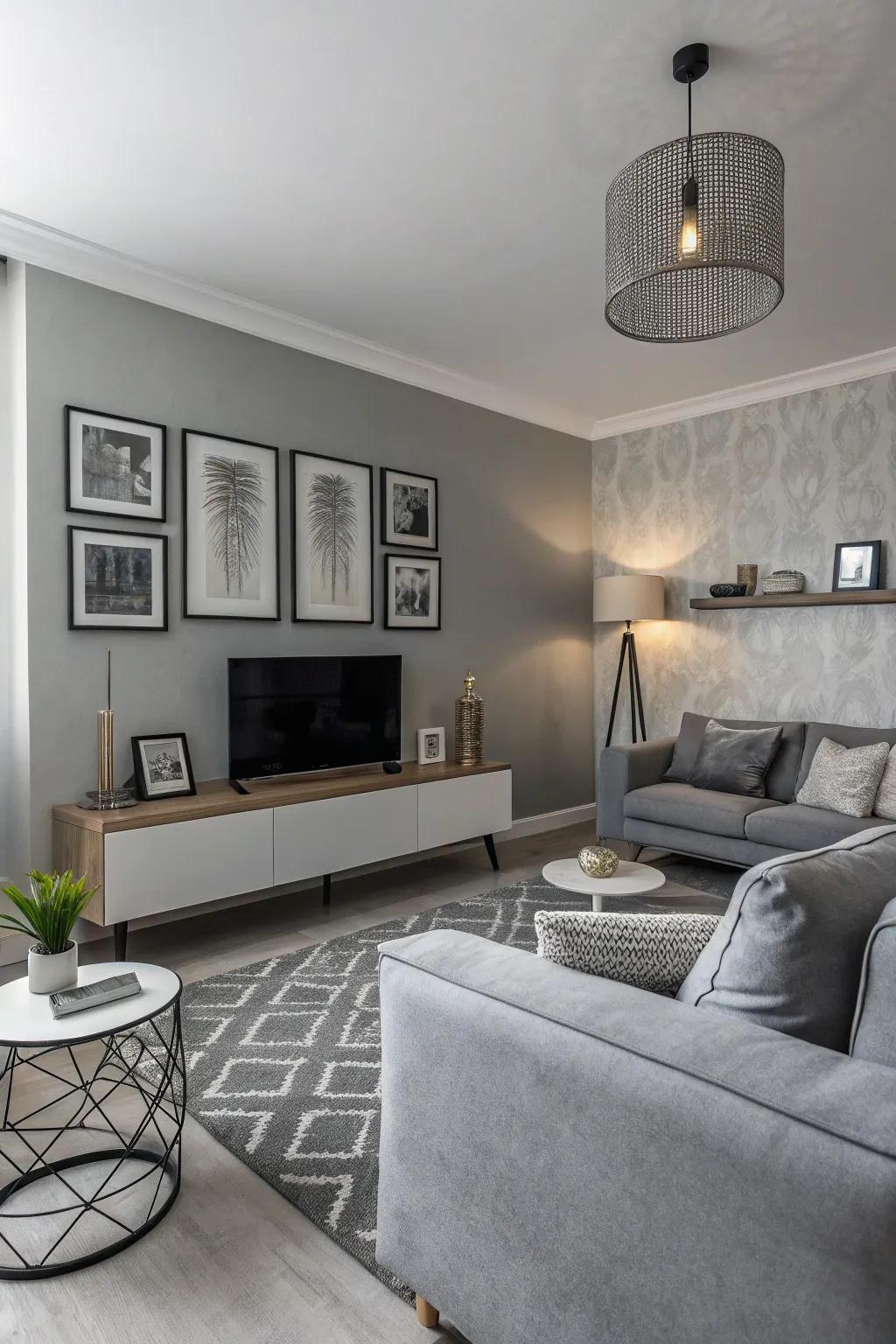 A small living room using a monochrome color theme that makes a sleek design.