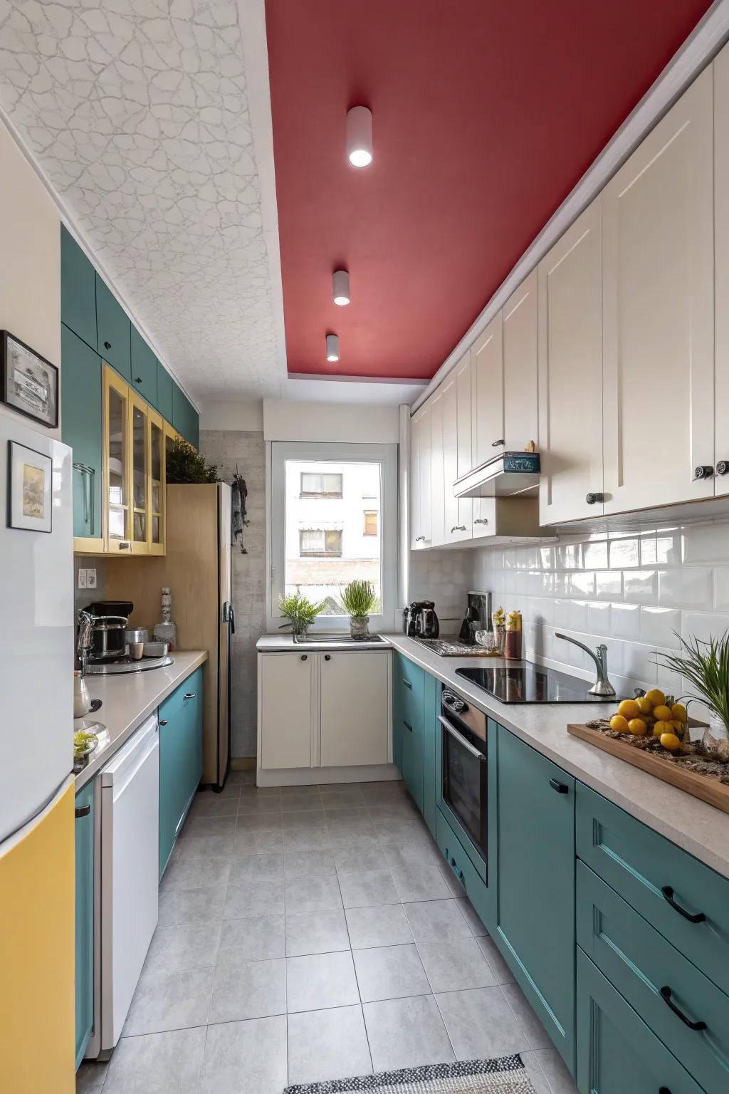Using contrasting hues in a kitchen builds visual appeal and highlights ceilings.