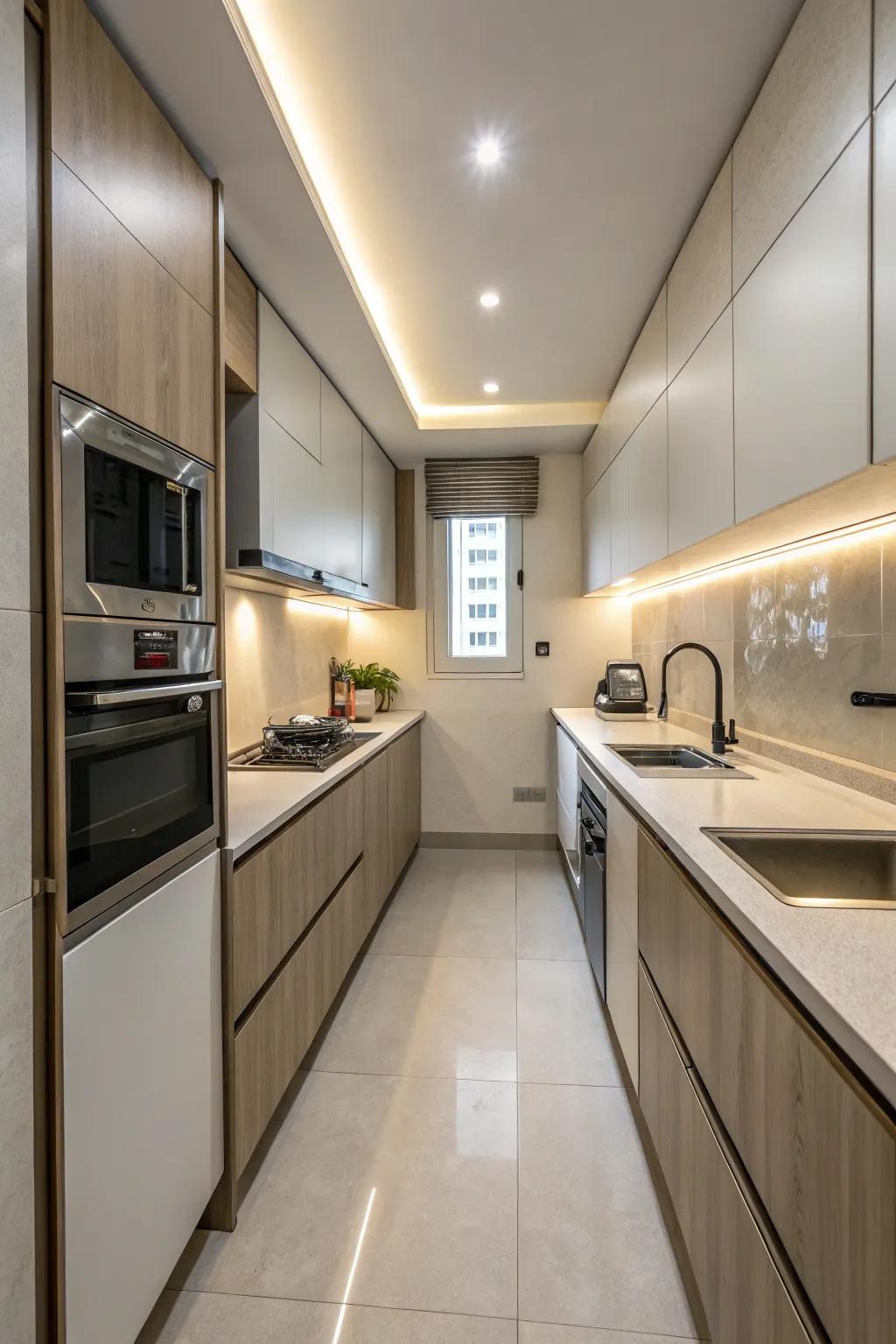 Contemporary minimalism delivers a tidy and effective look to small kitchens.