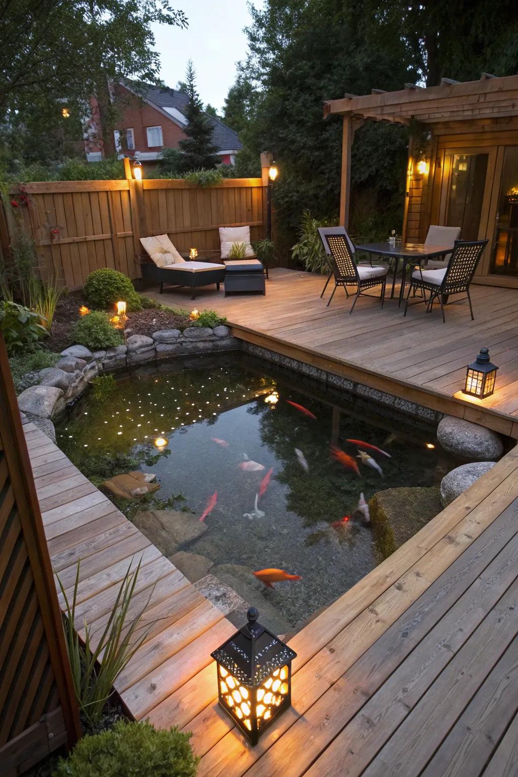 A comfortable terrace koi haven perfect for unwinding in the evening.
