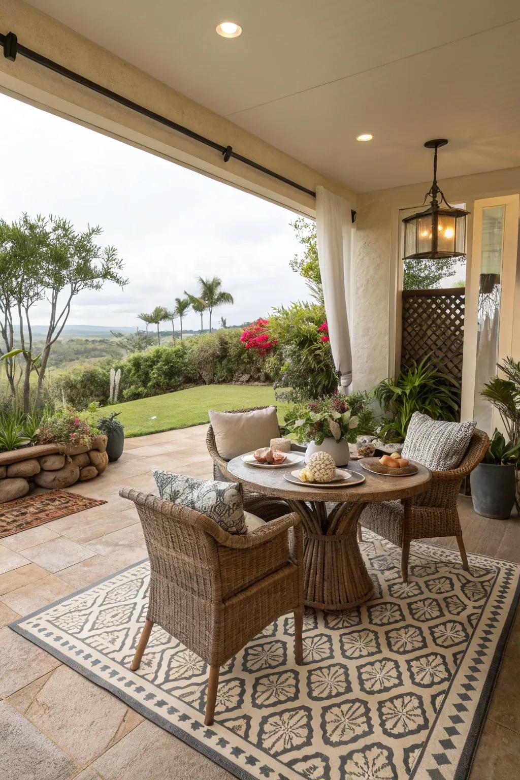 Delineate and enhance the layout of your lanai with a fashionable outdoor carpet.