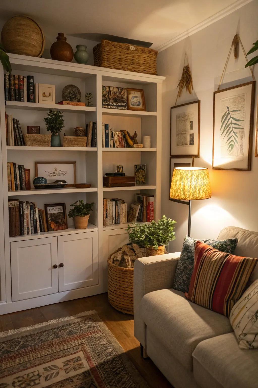 Options for display and storage can both be provided by open shelves.