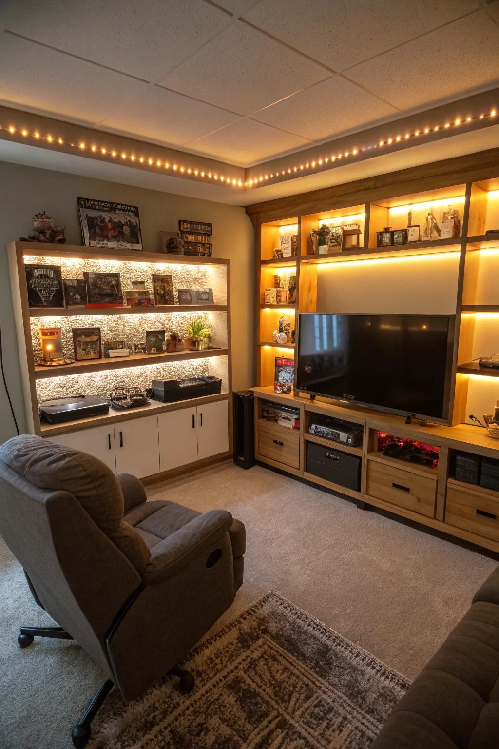 LED strip lighting under shelves makes the atmosphere warm and inviting.