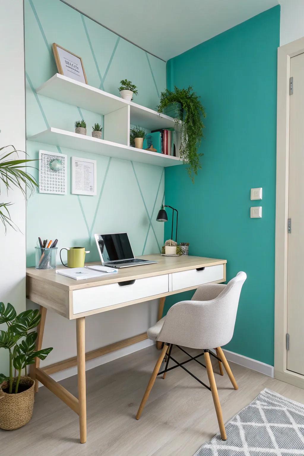 A compact office with a striking accent wall for a burst of energy.