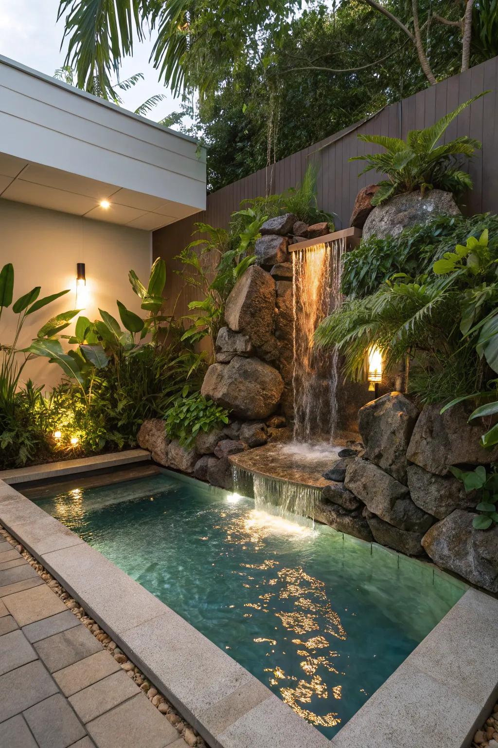 A rock waterfall adding tranquility to a modern pool.