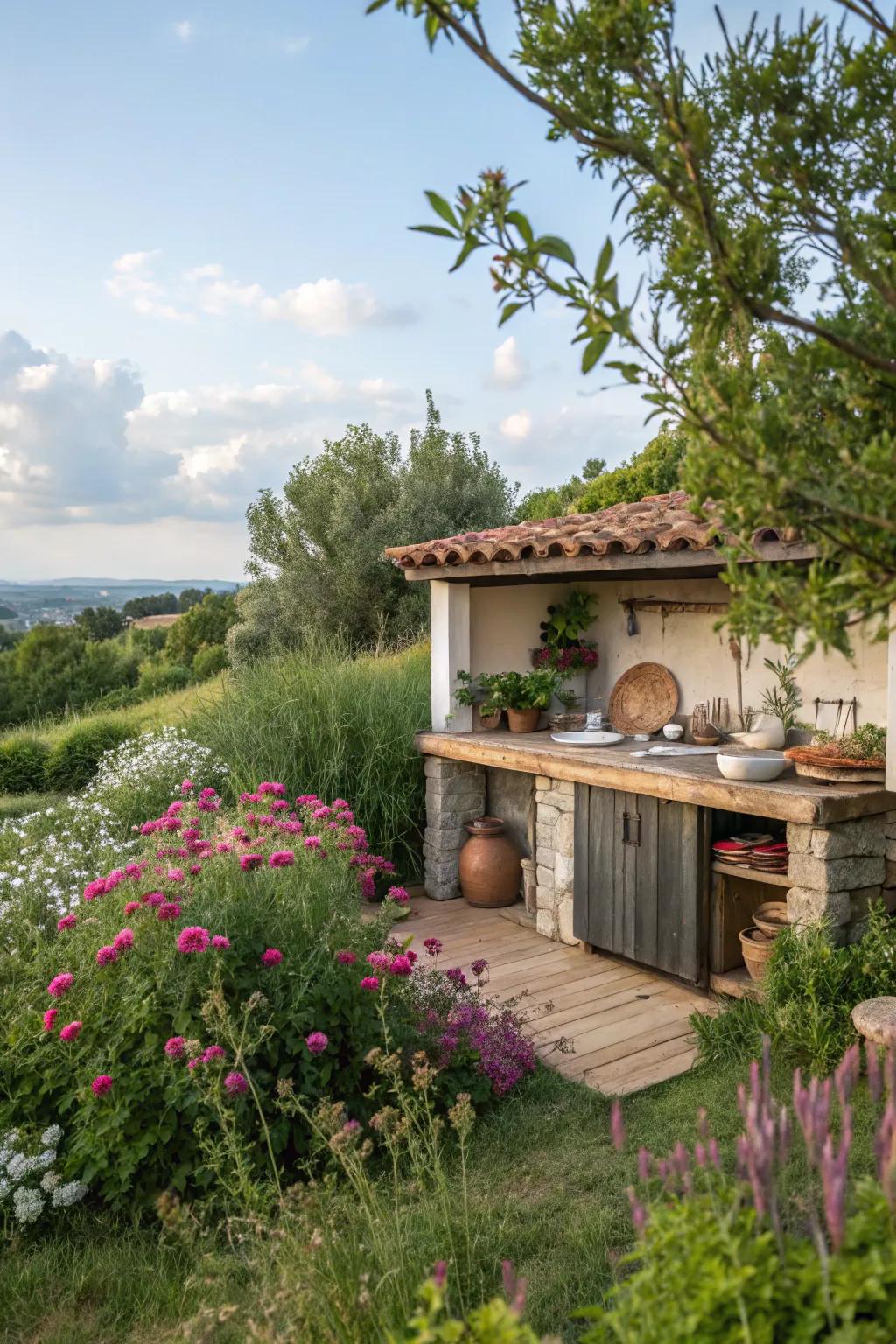 Verdant elements boost the innate charm of an open-air cooking area.