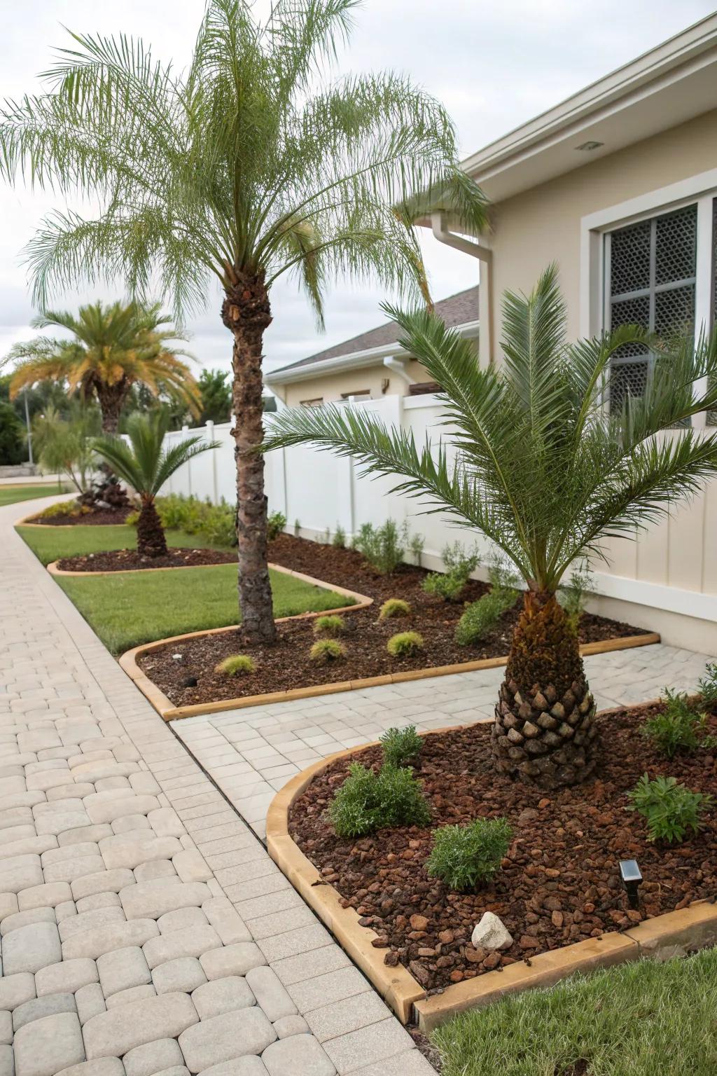 Ground cover beds define and beautify planting areas near palm trees.