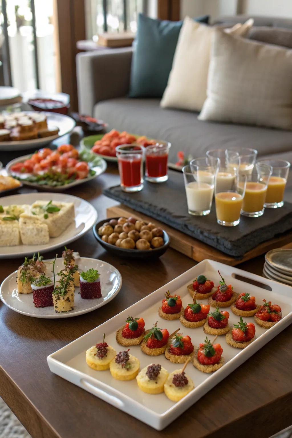 A miniature sampling occasion featuring a variety of small plates and beverages.